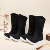 皂靴古装 汉服明制靴子翘头黑色缎面中筒官靴内增高厚底鞋 男童秋冬