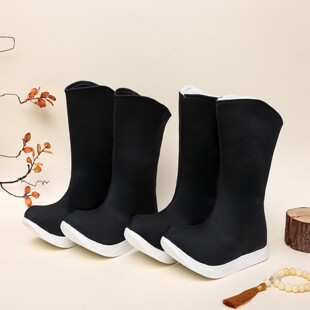 皂靴古装汉服明制靴子翘头黑色缎面中筒官靴内增高厚底鞋男童秋冬