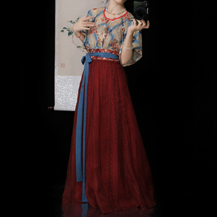 曹州莘月[胭脂红]夏季薄款团花印花唐背子破裙显瘦唐制汉服女夏」