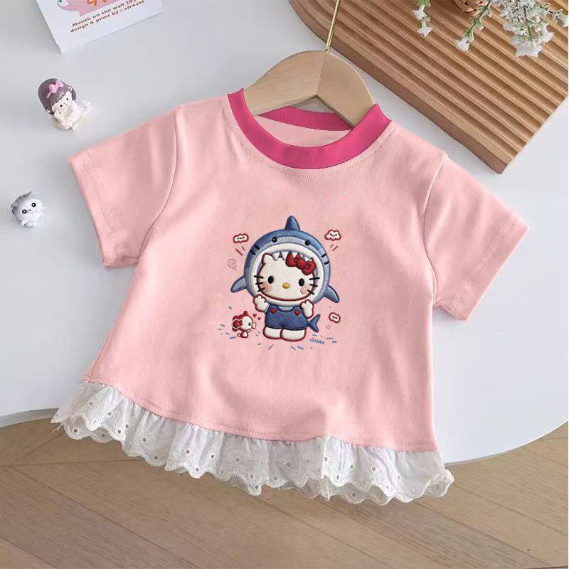卡通可爱风Hello Kitty短袖T恤女夏季圆领花边拼接洋气上衣
