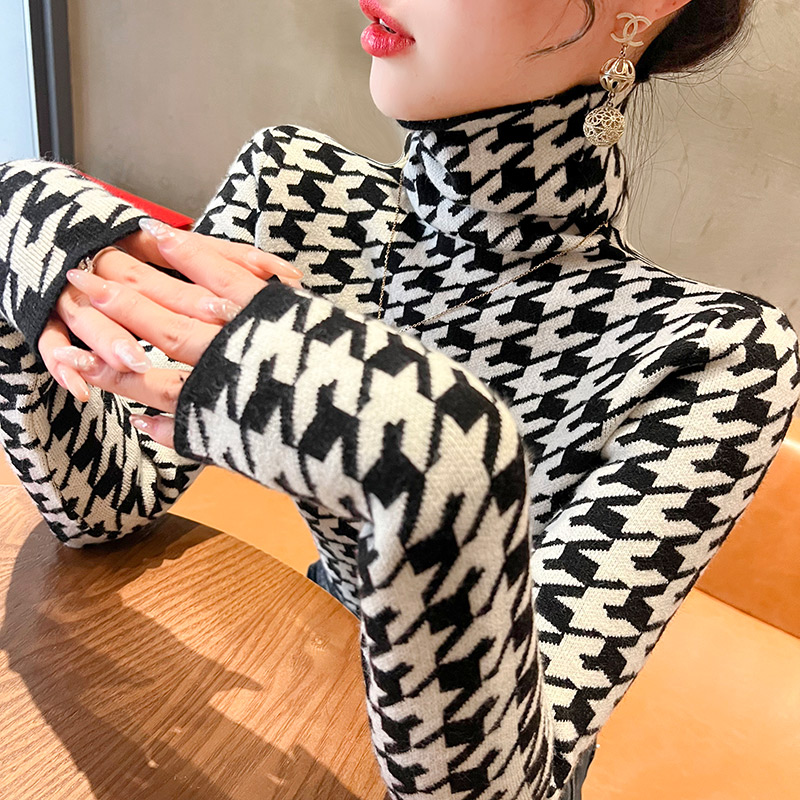 千鸟格高领毛衣秋冬女款2024新款修身上衣堆堆领打底衫内搭女装