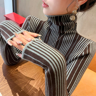 条纹高领毛衣秋冬女款2024新款修身上衣显瘦打底衫内搭洋气女装