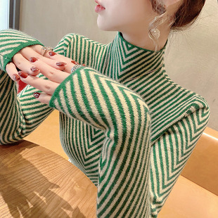 洋气毛衣针织衫 2025年春装 时髦时尚 半高领条纹打底衫 女士内搭 新款