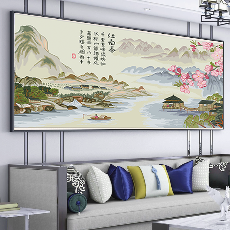 江南春十字绣新款客厅满绣刺绣简约大气风景画手工自己绣装饰挂画