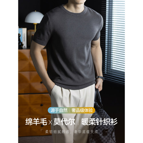 羊毛莫代尔老钱风针织衫短袖男