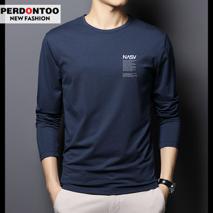 t恤男士 薄款 春秋季 潮流印花打底衫 蓝色圆领上衣 修身 莫代尔棉长袖
