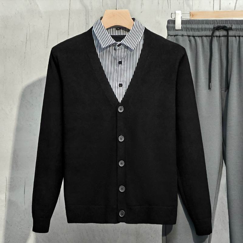假两件衬衫领毛衣男秋冬季开衫针织衫潮流修身薄款外套2025年新款