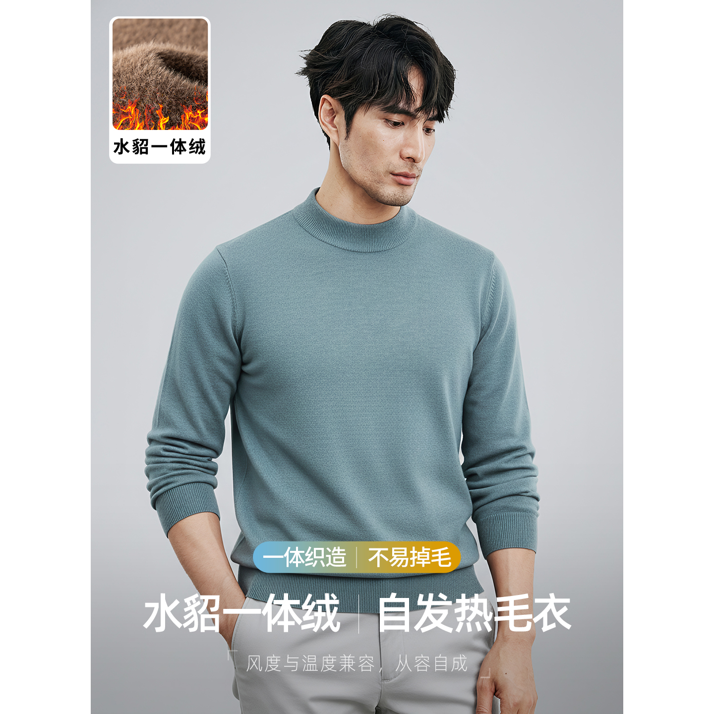 水貂一体绒加厚半高领保暖毛衣男