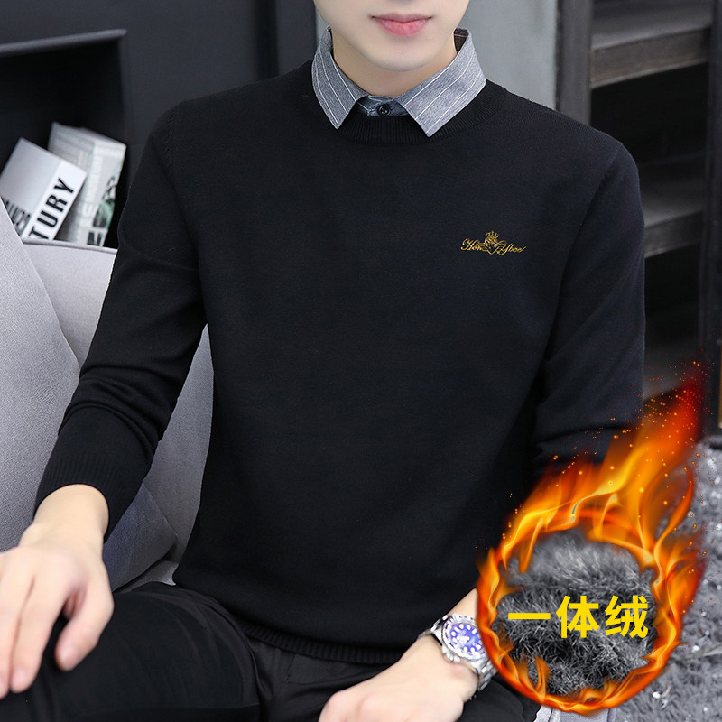 假两件毛衣男2026秋冬季衬衫领针织毛衫加绒加厚保暖修身带领线衣