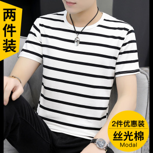 半袖 夏季 2026新款 韩版 丝光棉条纹短袖 潮流体恤黑白海魂衫 t恤男士