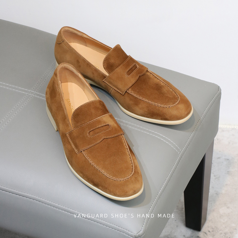 圣尼约德男鞋复古英伦老钱风羊猄皮一脚蹬乐福鞋男时尚休闲皮鞋棕