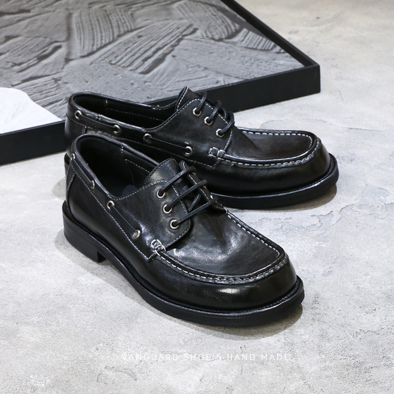 圣尼约德马皮宽版手工帆船鞋复古水洗大头浅口系带德比休闲皮鞋黑