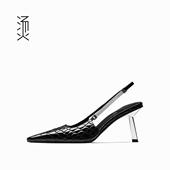 烫社交女鞋 高级气质女凉鞋 黑色牛皮尖头后空高跟鞋 春夏环扣带时尚