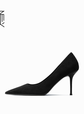 烫黑色绒面尖头圆口细高跟单鞋工作通勤职业法式气质舒适软底女鞋