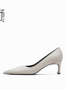 烫社交女鞋灰色牛皮尖头斜口小猫跟中高跟单鞋气质职业百搭舒适女