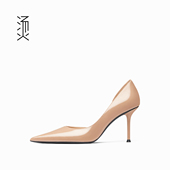 烫社交女鞋 职业通勤百搭凉单鞋 裸色漆皮尖头侧空细高跟鞋 气质法式