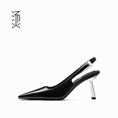 一字带凉单鞋 烫社交女鞋 款 休闲时尚 黑色牛皮尖头后空高跟鞋 春夏季
