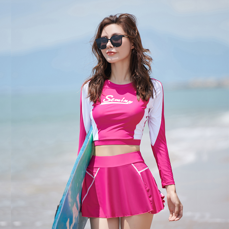 泳衣女网红2025新款分体长袖学生保守裙式显瘦运动大码温泉游泳装