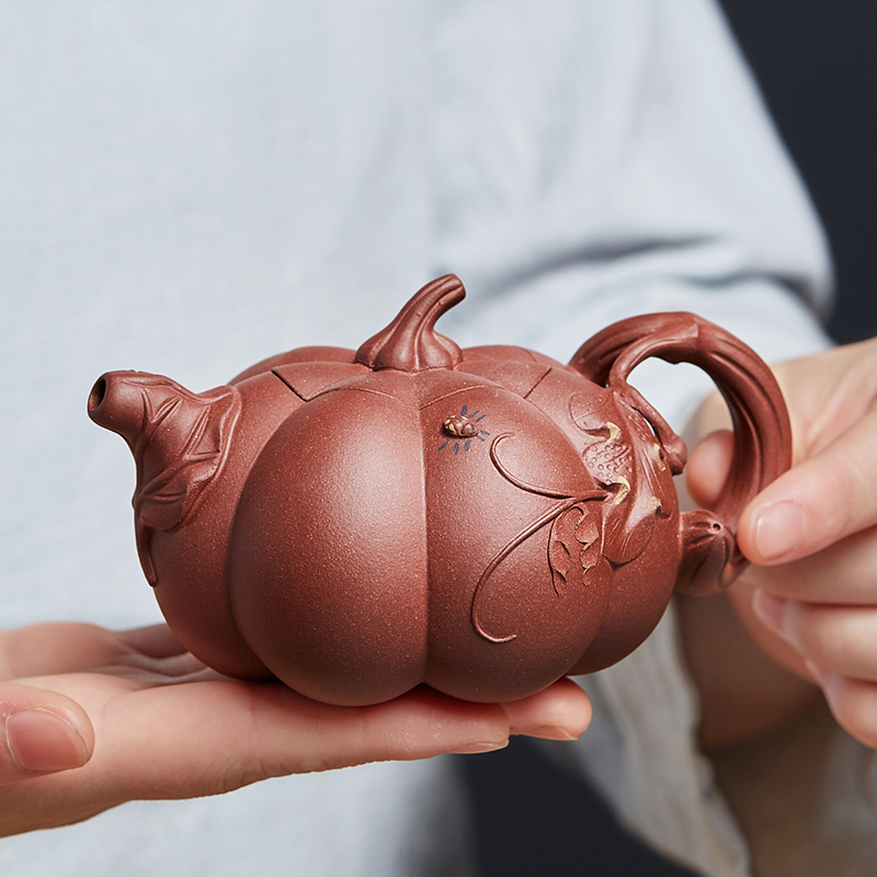 宜兴紫砂纯全手工紫泥花器南瓜壶