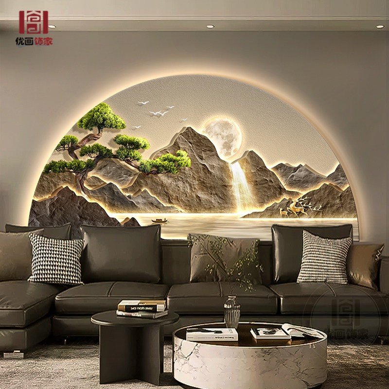 流水生财客厅装饰画 画轻奢山水沙发背景墙挂画 画高级感大气发光