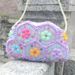 手工编织珍珠拉链手提斜挎单肩包包儿童小包珍珠包 女包 2017新款