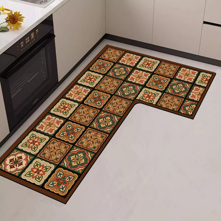 美拉德风转角厨房垫L型可擦洗免洗防水防油专用脚垫7字型pvc防滑