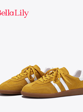 BellaLily新款平底黄色流行德训鞋女牛皮低帮板鞋减龄休闲鞋子