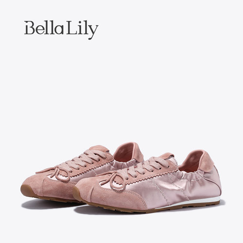 BellaLily2026夏季新款粉色芭蕾德训鞋缎面运动板鞋蝴蝶结休闲鞋