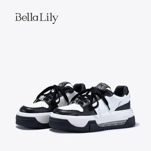 BellaLily早新款气垫厚底松糕鞋女牛皮休闲鞋拼色运动板鞋