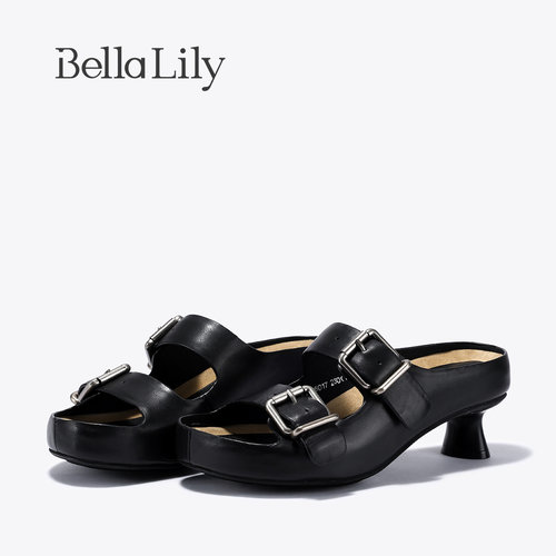BellaLily2026夏季新款个性时尚细高跟凉拖鞋双扣带露趾一字拖女