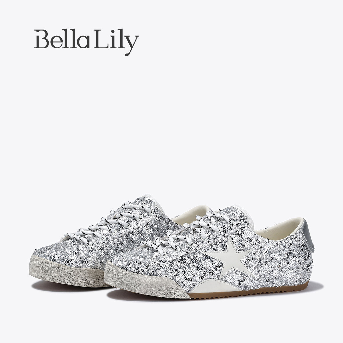 BellaLily2026春季新款INS风亮片星星板鞋女复古潮流银色脏脏鞋子