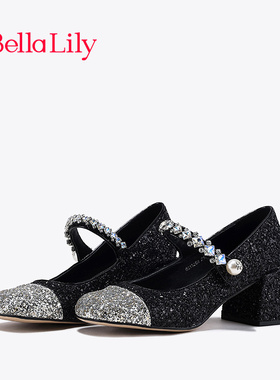 BellaLily新款水钻格利特高跟鞋女闪亮单鞋拼色玛丽珍鞋