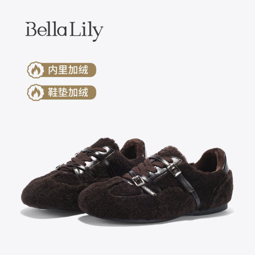 BellaLily2026冬季新款皮带扣加绒德训鞋小众个性休闲鞋保暖棉鞋