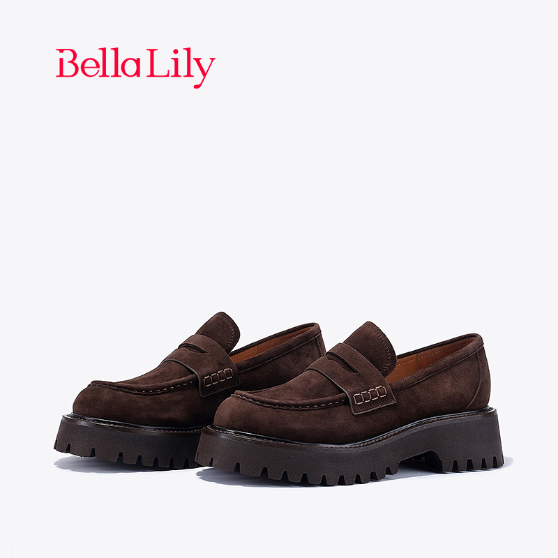 bellalily复古粗跟磨砂皮乐福鞋