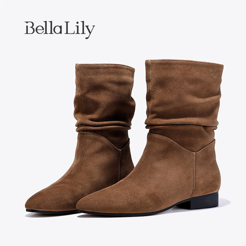 bellalily复古细跟尖头堆堆靴