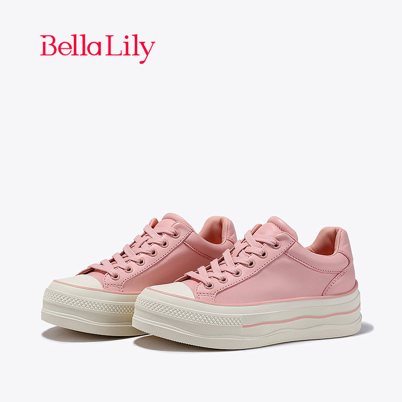 BellaLily新款粉色牛皮板鞋女增高百搭休闲鞋舒适松糕鞋,女鞋,休闲板鞋,淘宝优惠券,粉丝福利购,淘宝优惠卷