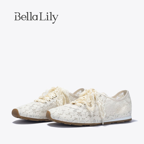 BellaLily春季新款轻国风蕾丝平底鞋女透气休闲鞋百搭小白鞋