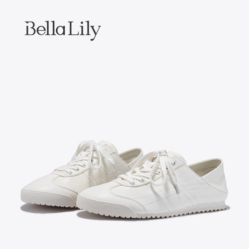 BellaLily2026夏季新款百搭减龄德训鞋可踩后跟小白鞋牛皮休闲鞋