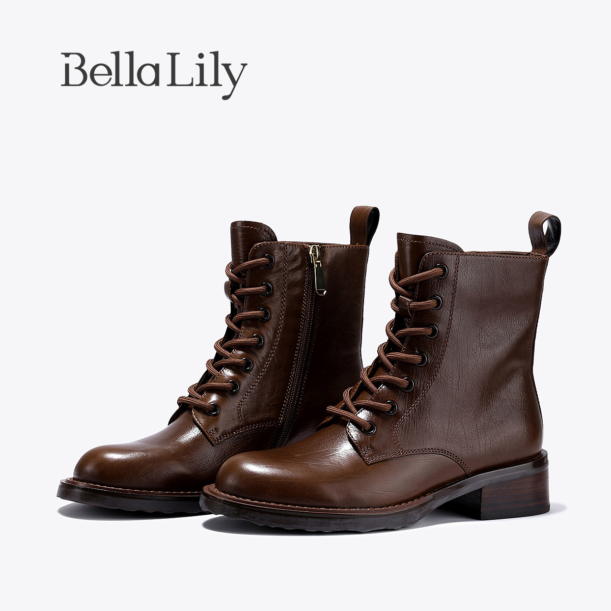 BellaLily2025秋季新款英伦风马丁靴女牛皮粗跟中筒靴时装靴潮靴