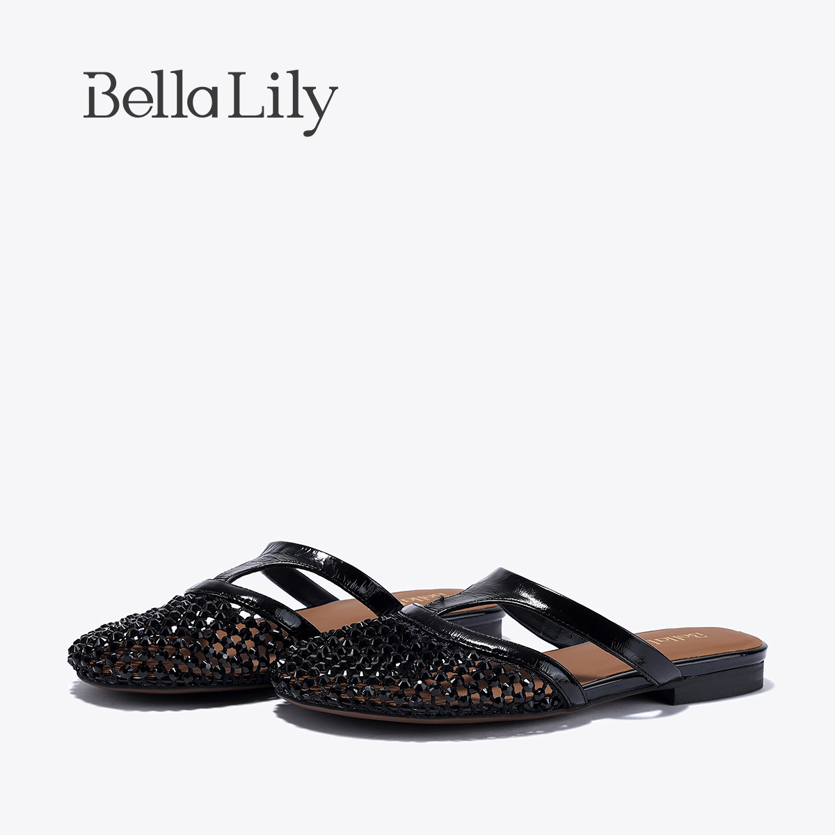 BellaLily2025夏季新款复古满钻镂空平底单鞋女精致拖鞋渔网鞋子