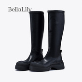 BellaLily新款 厚底高筒靴女显瘦长筒靴子潮流时尚 骑士弹力靴