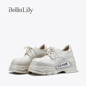 BellaLily2023冬季新款增高大头小皮鞋女8cm厚底憨憨鞋系带单鞋子