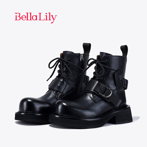 bellalily英伦粗跟牛皮马丁靴