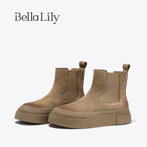 BellaLily新款经典复古牛猄皮女靴百搭休闲时尚中筒靴女