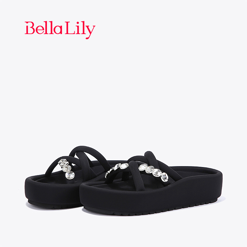 bellalily街头厚底外穿水钻拖鞋
