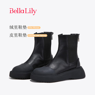 复古厚底切尔西靴女后拉链中筒靴真皮瘦瘦靴 BellaLily新款