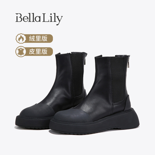 BellaLily新款 复古厚底切尔西靴女后拉链中筒靴真皮瘦瘦靴