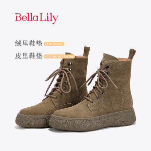 中筒靴 BellaLily棕色休闲马丁靴女百搭舒适瘦瘦靴时尚 系带时尚