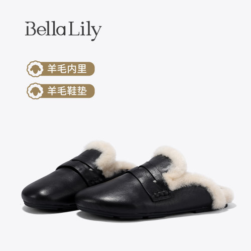 BellaLily2026冬季新款复古一脚蹬毛毛勃肯鞋女加绒牛皮包头半拖