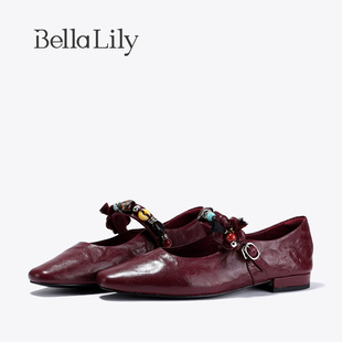 设计感单鞋 女一字羊皮平底鞋 小众复古玛丽珍鞋 BellaLily2025秋季